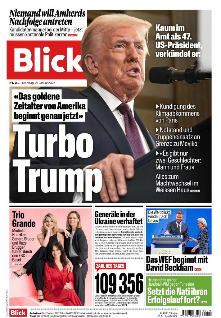 Newspaper cover from Blick, Switzerland featuring Donald Trump, Sandra Studer, Michelle Hunziker, Biydar Kadın Efendi, David Beckham, Betsy Jolas