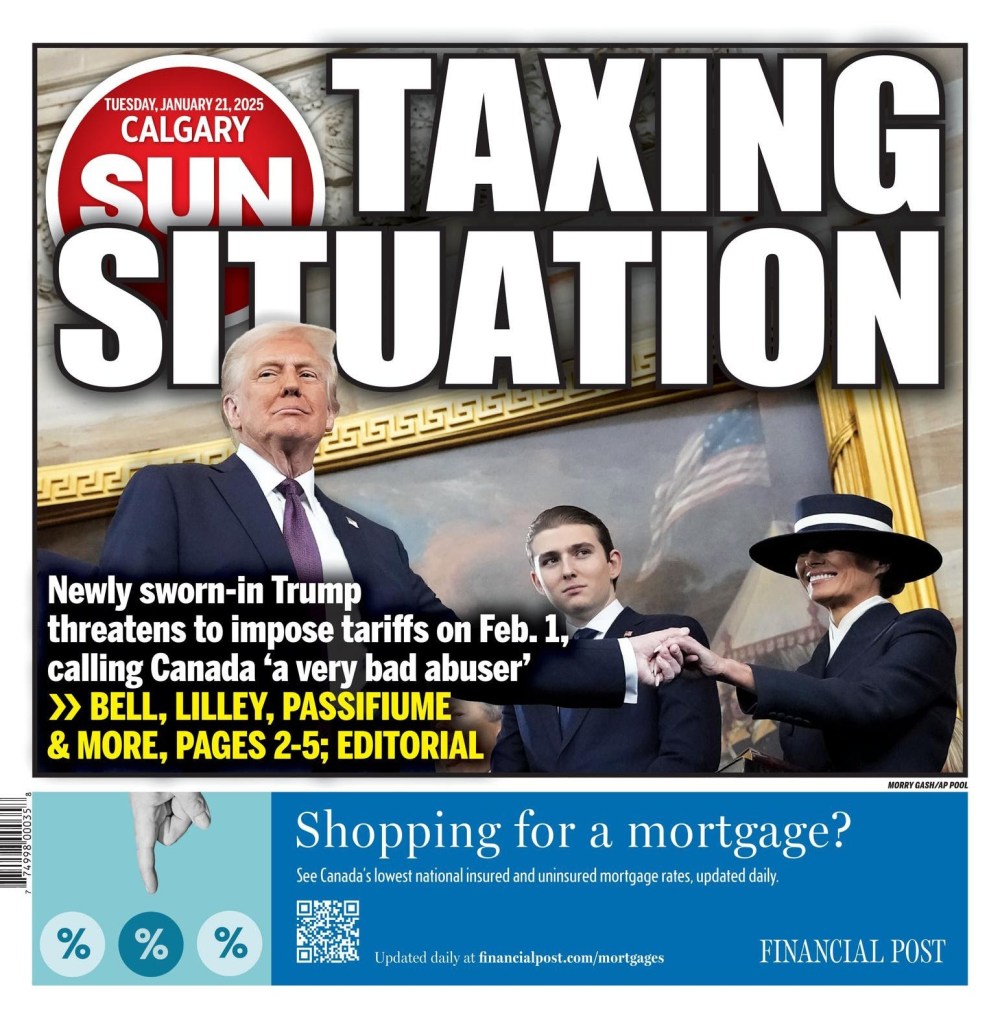 Donald Trump and Melania Trump shaking hands on the cover of Calgary Sun newspaper