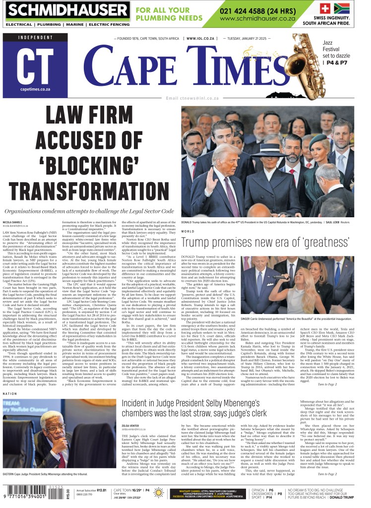 A copy of The Cape Times newspaper from South Africa, featuring various celebrities such as Joe Williams, Donald Trump, and Elon Musk.