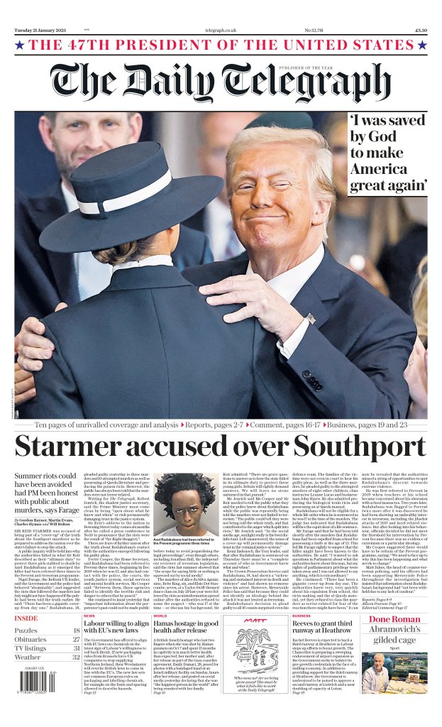 Donald Trump, Eric Trump, and Roman Abramovich in The Daily Telegraph, UK, depicting a man hugging a woman