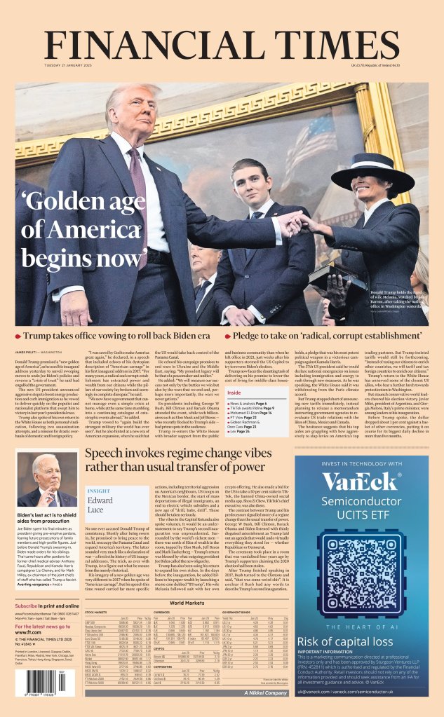 Donald Trump, Melania Trump, Bill Turnbull, and Joe Biden on the cover of The Financial Times, UK, depicting a man shaking hands with another man in a suit