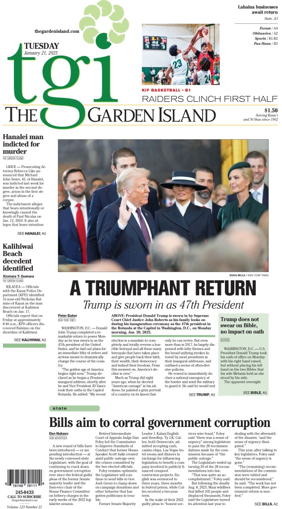 Donald Trump, Alec Shane Benjamin, Donald Trump Jr., Joel Houston, Ivanka Trump, Eric Trump, Melania Trump, and Sadio Mané featured in The Garden Island newspaper, Hawaii, USA.