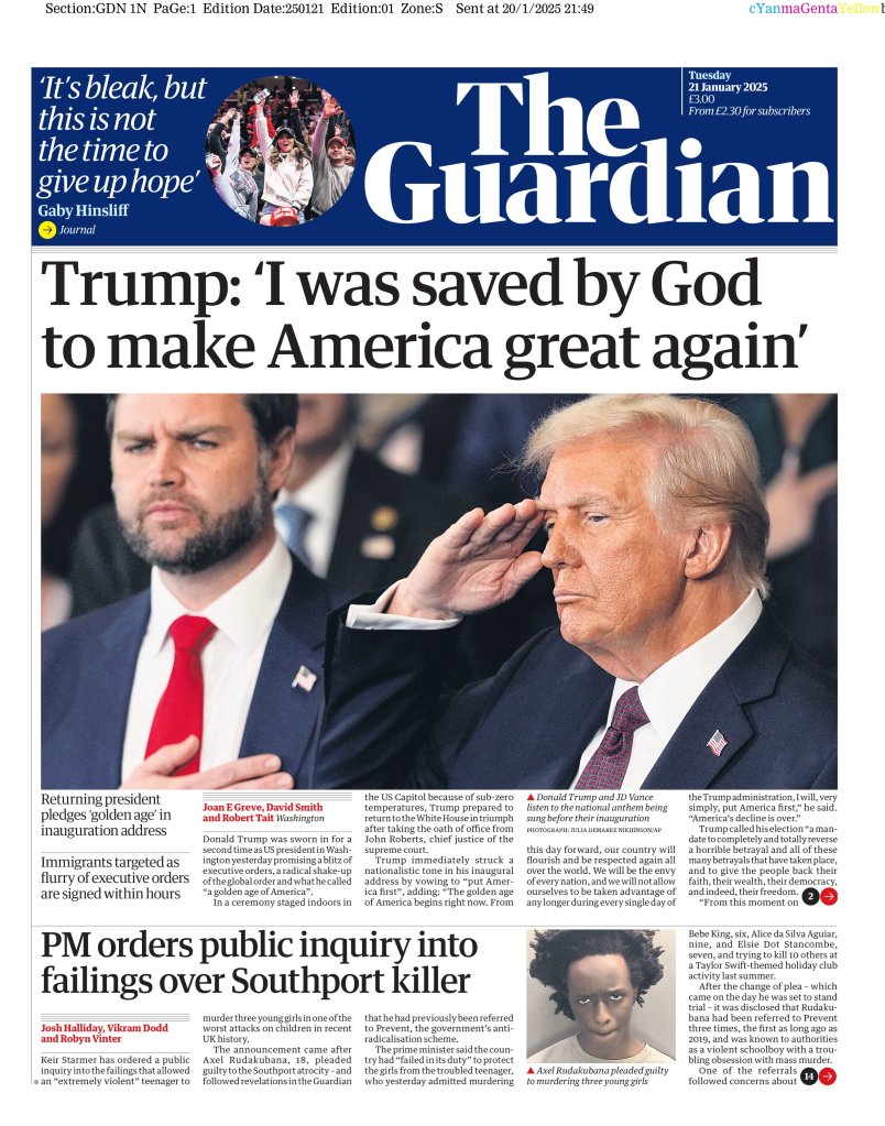 Donald Trump and Bernard Marcus on the front page of The Guardian, UK newspaper, with a man saluting