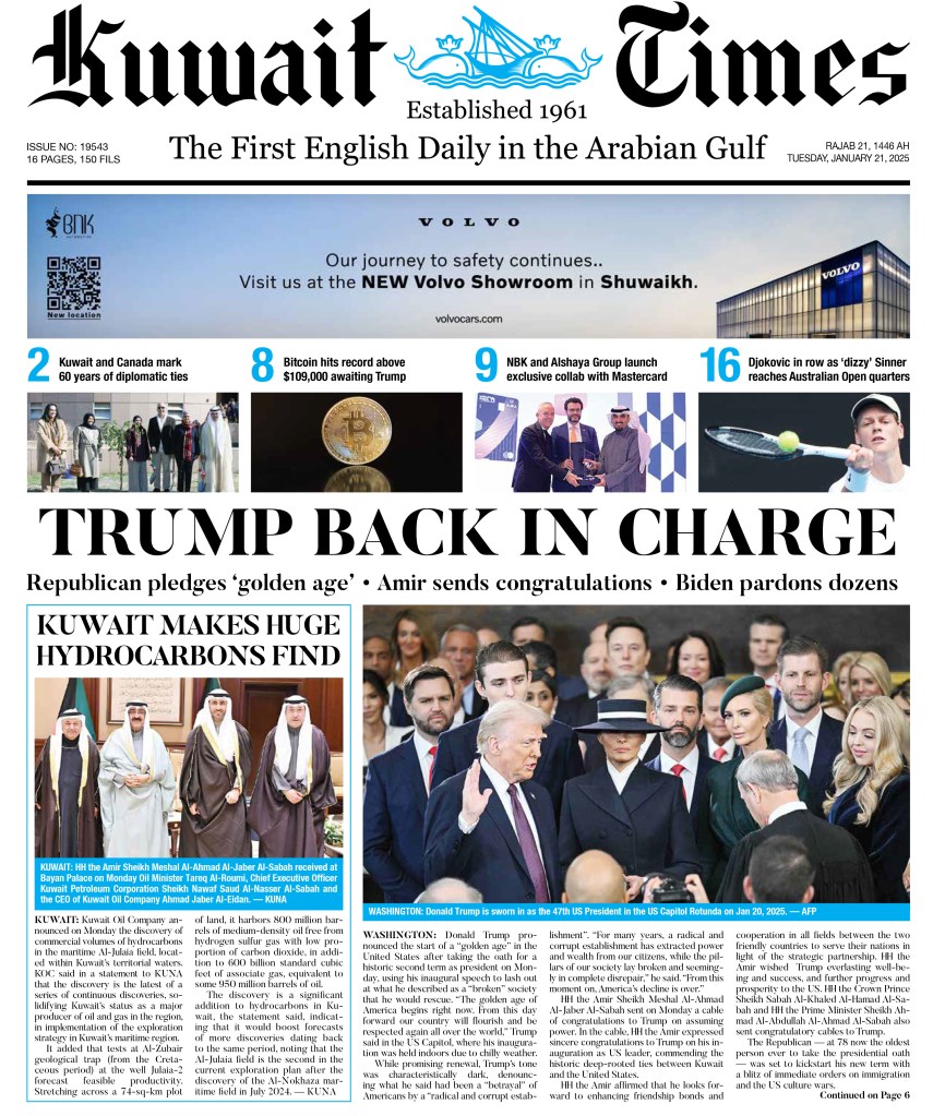 Newspaper 'Kuwait Times' featuring images of various celebrities including Donald Trump, Elon Musk, and Melania Trump