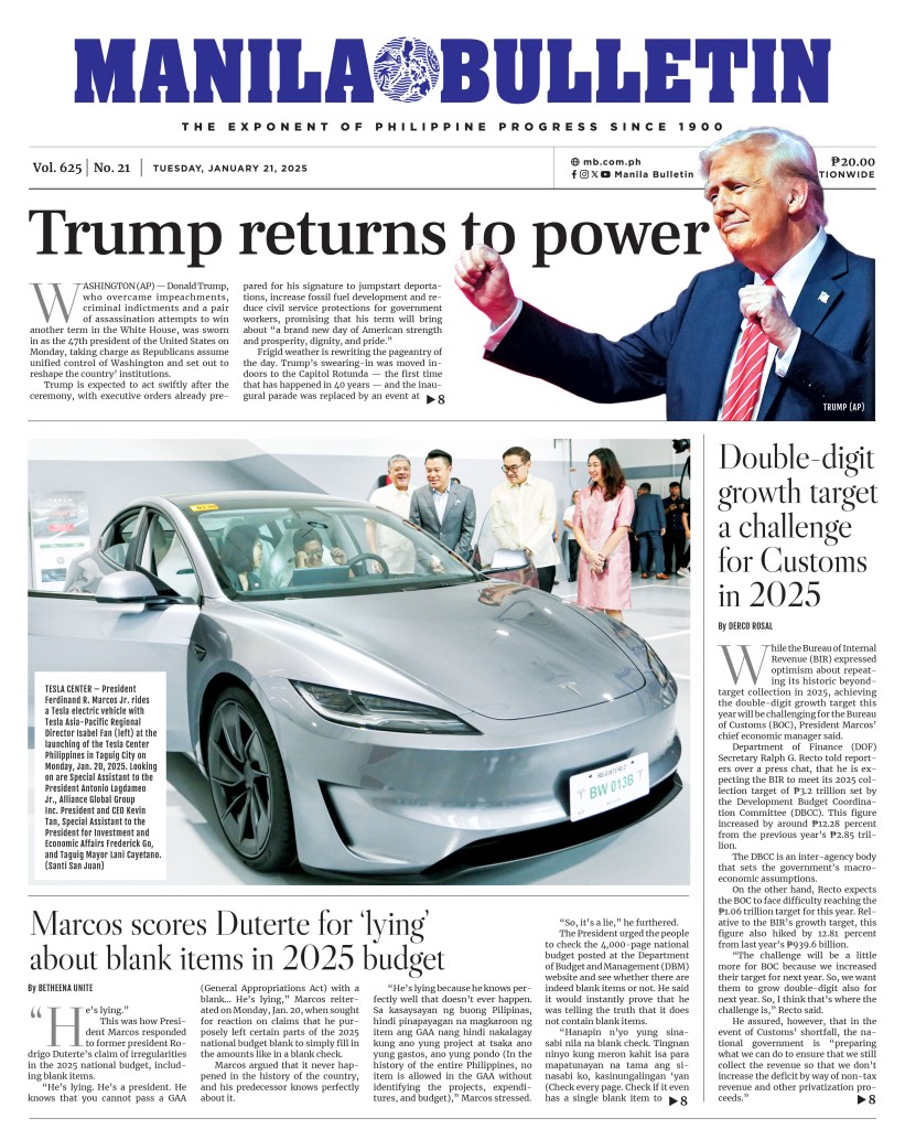 Newspaper, Manila Bulletin from the Philippines, featuring images of Donald Trump, Keiji Inafune, Satoru Iwata, Nikos Michaloliakos, and Walter Jones