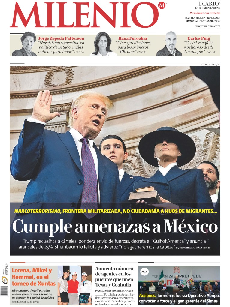 Donald Trump, Donald Trump Jr., Melania Trump, along with other celebrities at an event in Milenio, Mexico, with a man in a suit waving