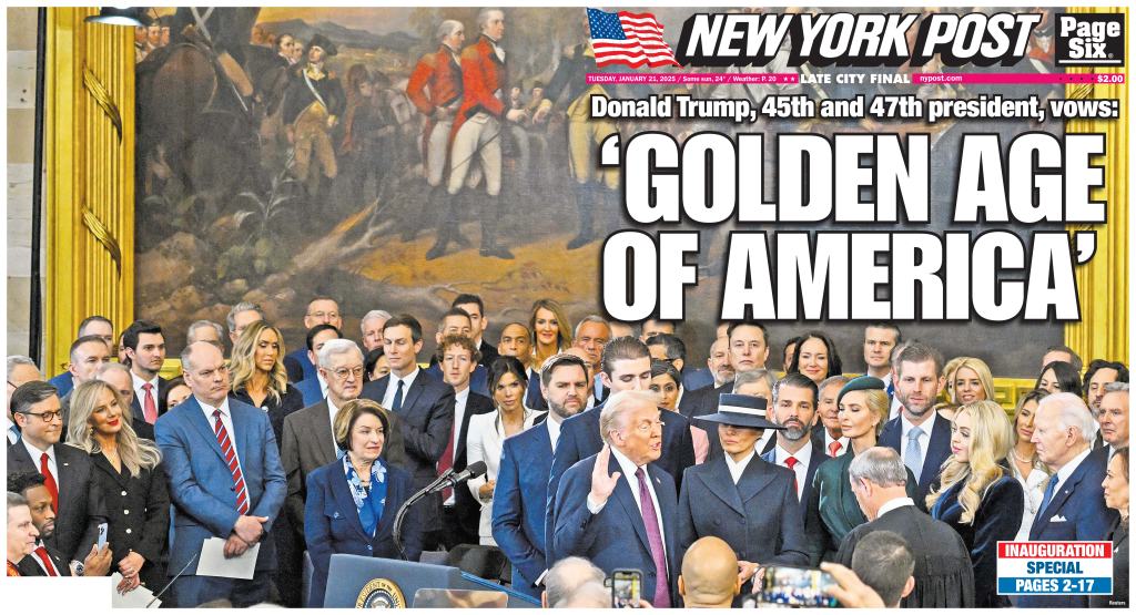 A group of people including Donald Trump, Joe Biden, Elon Musk, Mark Zuckerberg, and other notable figures standing in front of a painting at The New York Post, USA event