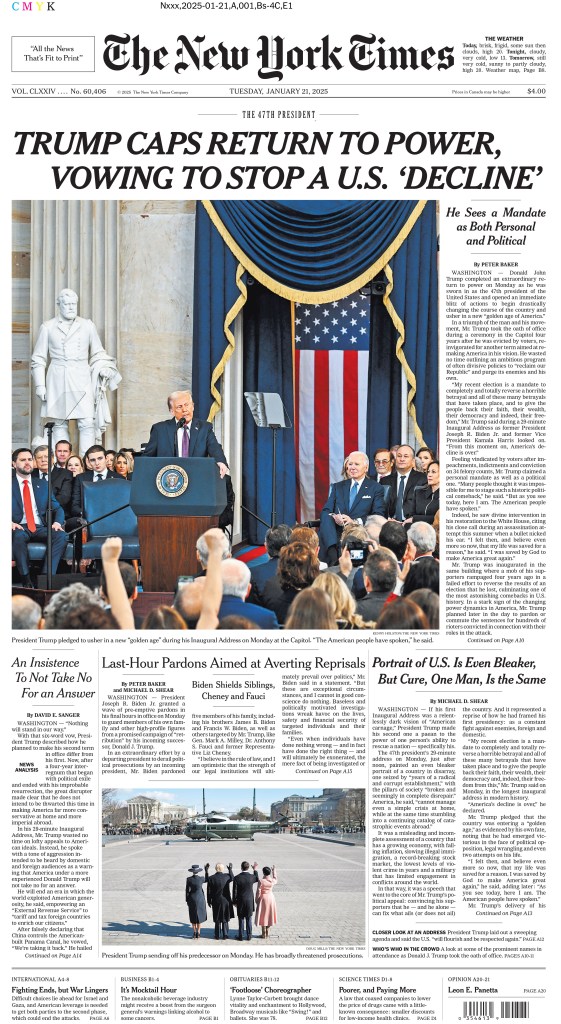 Donald Trump, Joe Biden, Bill Kristol, Indrans, Ulysses S. Grant, Phil Ruffin, Lindsay Bloom, Kamala Harris, Vladimír Merta, Oleksandra Nikolayenko, Senna Guemmour, and Michael Waltz in a crowd, with a man at a podium, on the cover of The New York Times