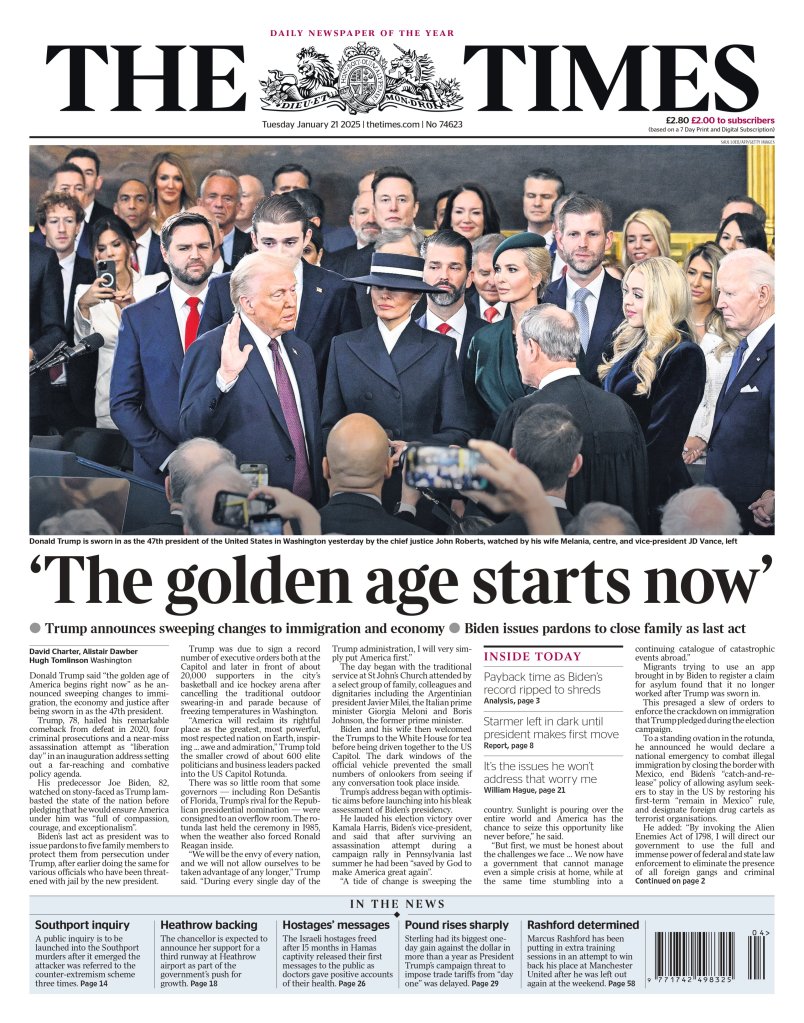 Front page of The Times, UK newspaper featuring images of various celebrities including Donald Trump, Joe Biden, Elon Musk, and Mark Zuckerberg.